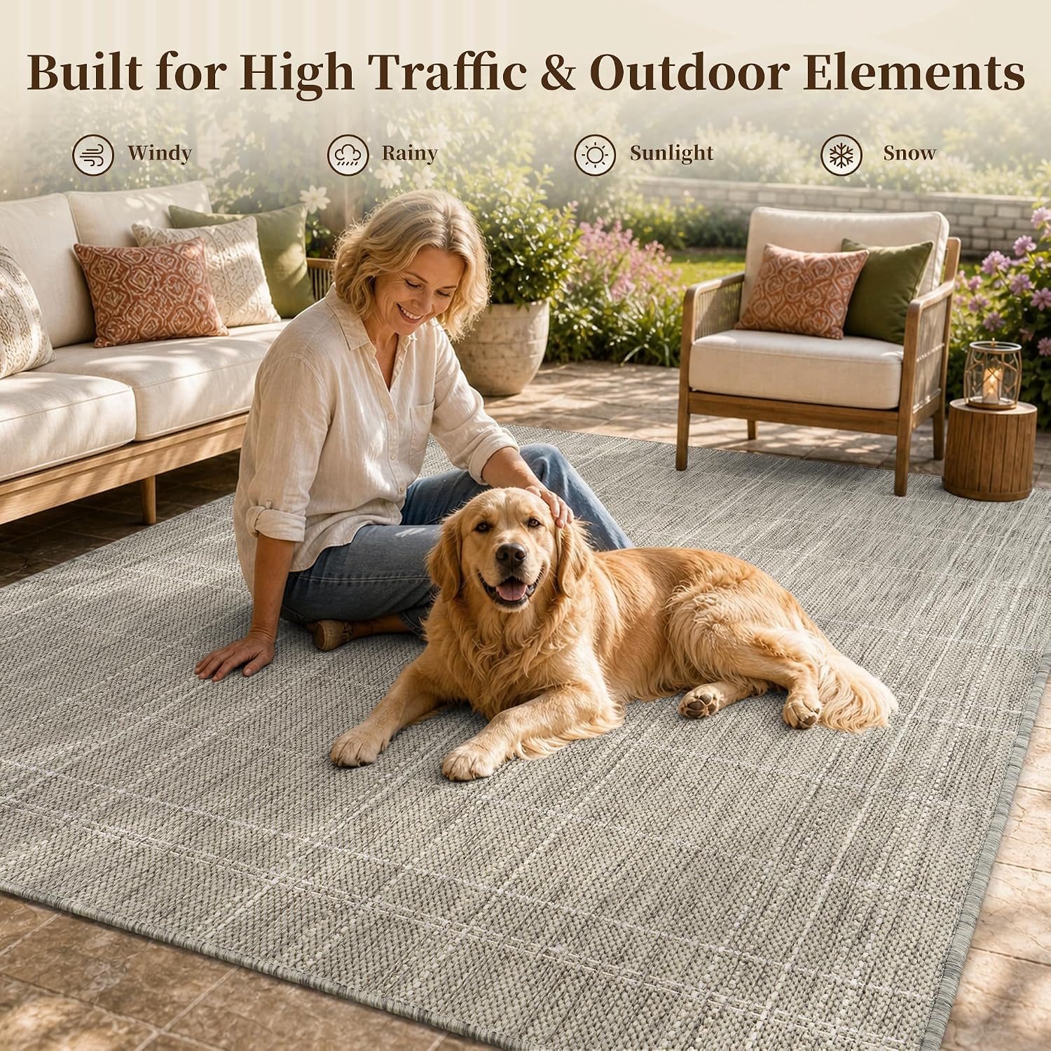 PADOOR-Outdoor Rug-Patio Rug 9x12 ft Polypropylene Indoor Outdoor Rugs Outdoor Carpet for Patio Deck Balcony Porch, Textured Weave, Durable for High Traffic, Fade-Resistant, Farmhouse Neutral Grey