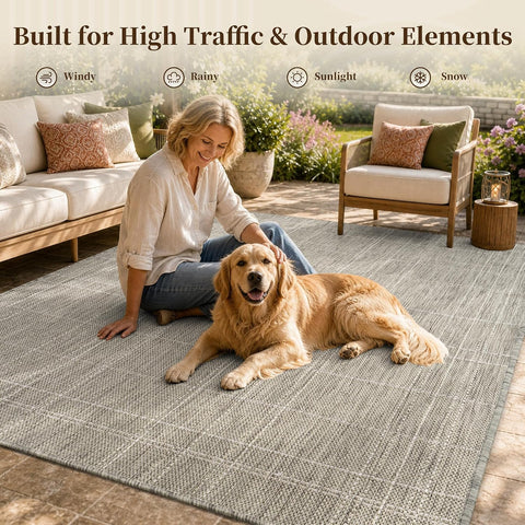 PADOOR-Outdoor Rug-Patio Rug 9x12 ft Polypropylene Indoor Outdoor Rugs Outdoor Carpet for Patio Deck Balcony Porch, Textured Weave, Durable for High Traffic, Fade-Resistant, Farmhouse Neutral Grey