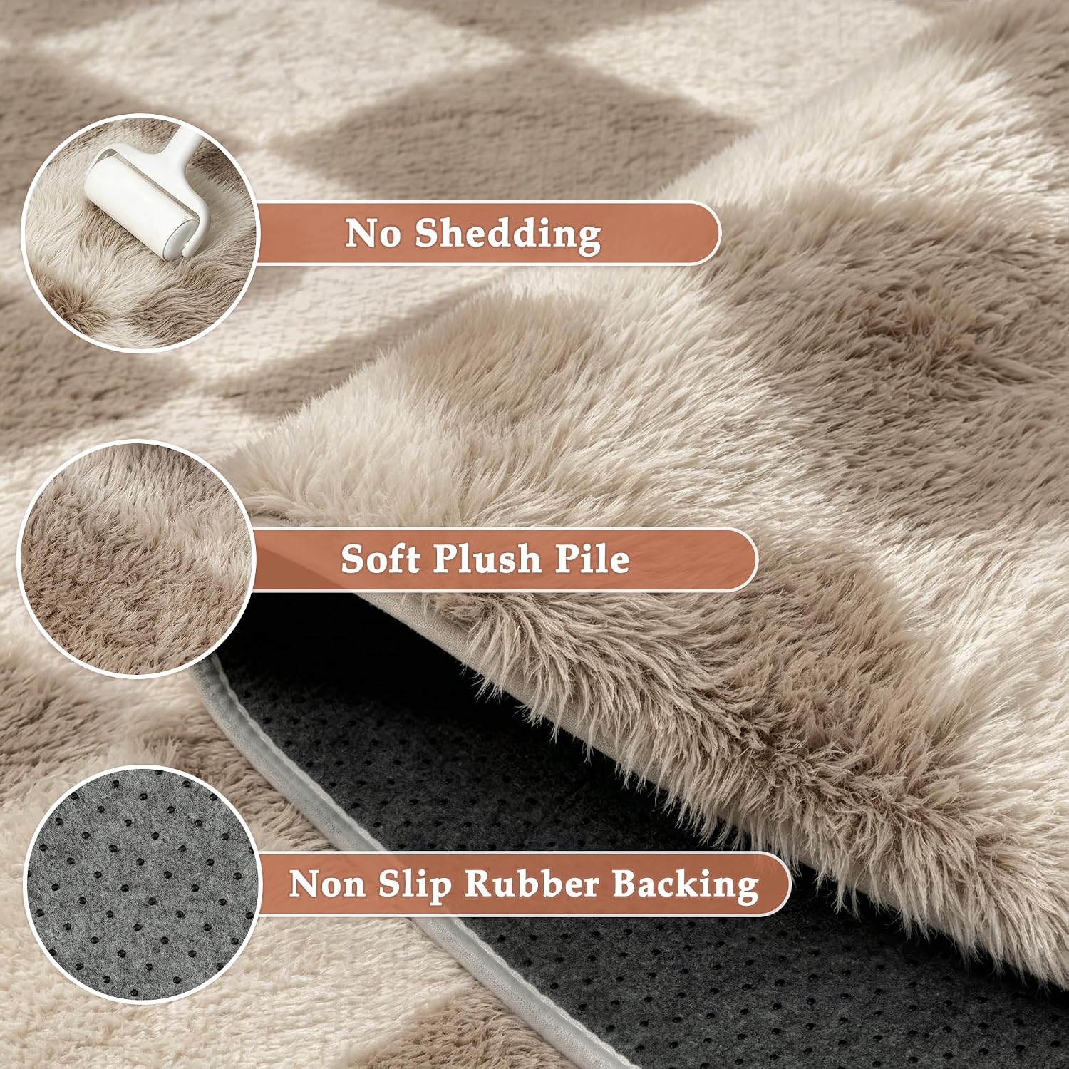 PureCozy Brown 5x7 Area Rug for Living Room Soft Checkered Shag Carpet