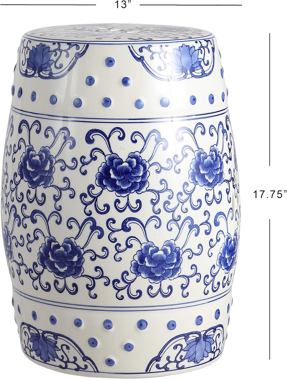 JONATHAN Y Lotus Flower Chinoiserie Ceramic Drum Stool 17.75", Blue/White