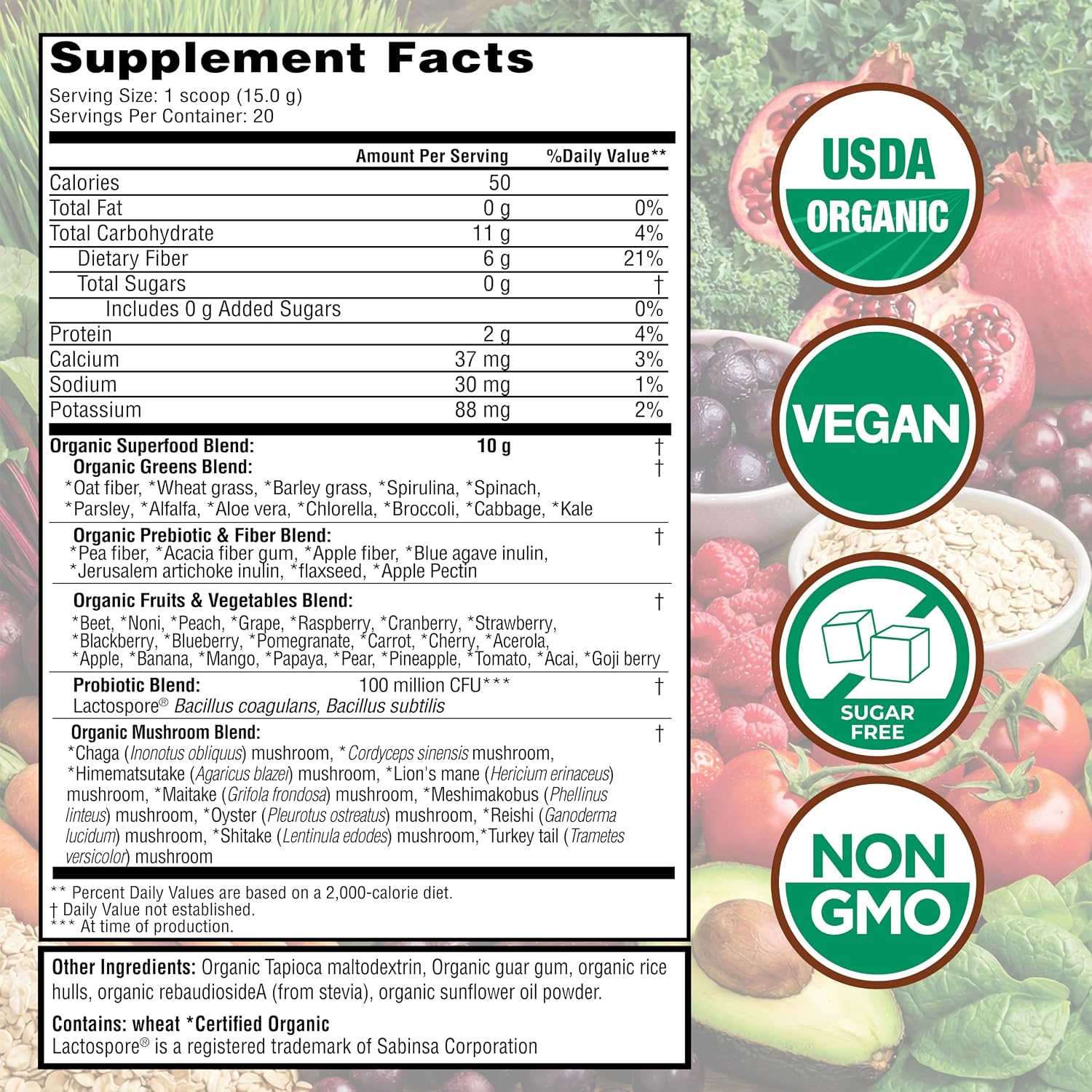 Country Farms Super Greens Natural Flavor, 50 Organic Super Foods, USDA Organic Drink Mix, Fruits, Vegetables, Super Greens, with Fiber, Mushrooms & Probiotics, Supports Energy, 60 Servings, 900g
