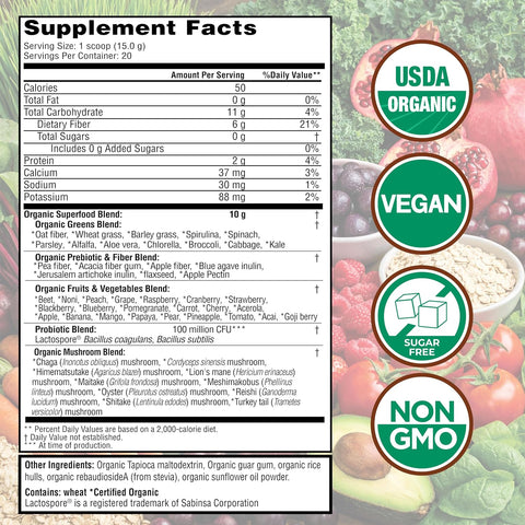 Country Farms Super Greens Natural Flavor, 50 Organic Super Foods, USDA Organic Drink Mix, Fruits, Vegetables, Super Greens, with Fiber, Mushrooms & Probiotics, Supports Energy, 60 Servings, 900g