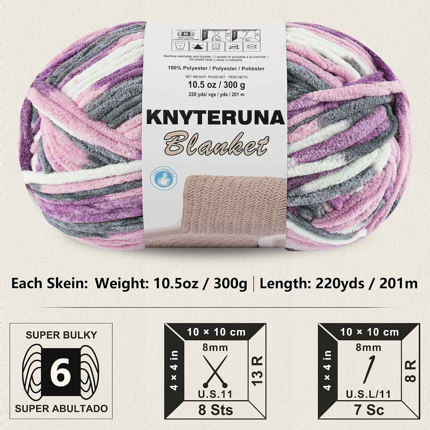 #6 Super Bulky Blanket Yarn for Crocheting - 4 Skeins(Each 10.5oz/300g, 220yds/201m), Chunky Chenille Thick Plush Big Soft Yarn for Crocheting Knitting Blankets, Purple & Grey & Sky