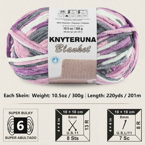 #6 Super Bulky Blanket Yarn for Crocheting - 4 Skeins(Each 10.5oz/300g, 220yds/201m), Chunky Chenille Thick Plush Big Soft Yarn for Crocheting Knitting Blankets, Purple & Grey & Sky