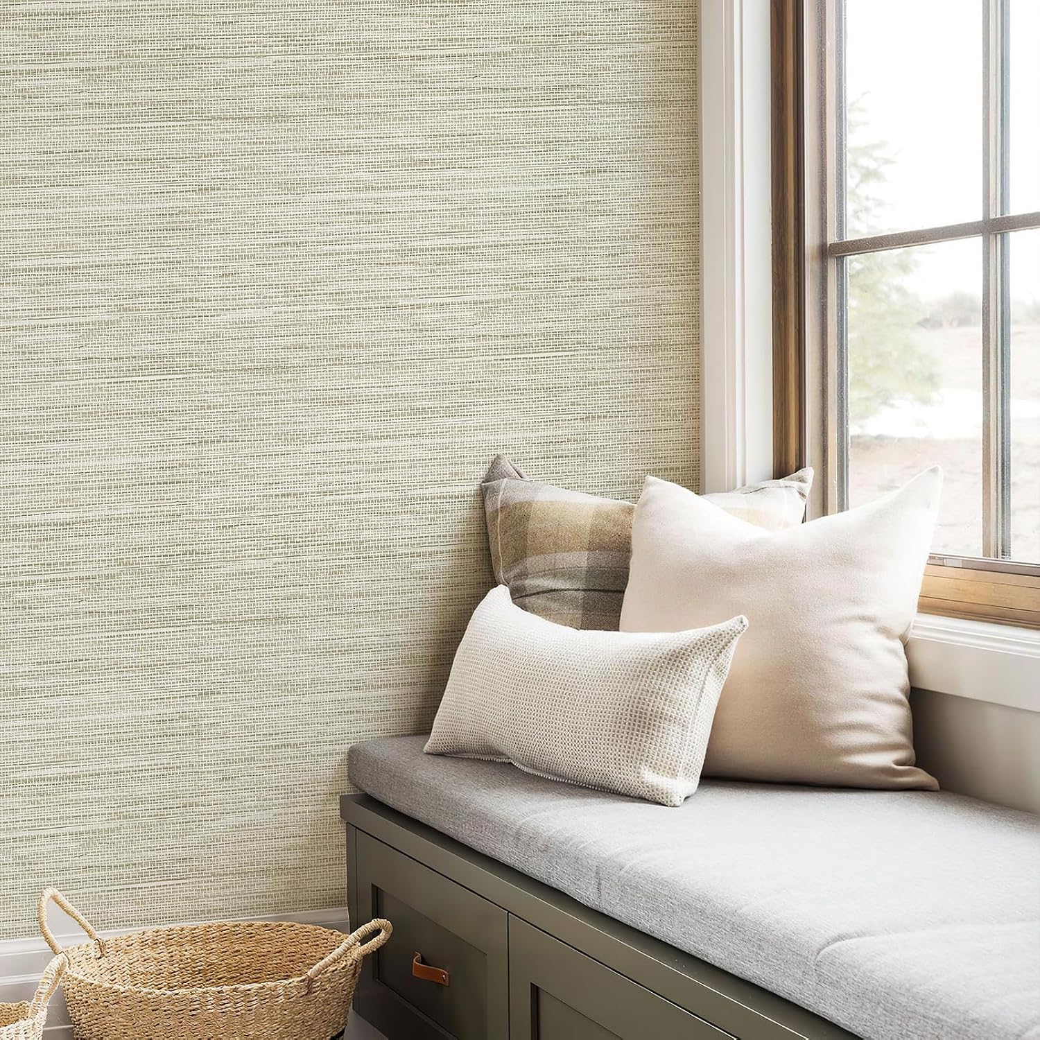 JiffDiff Grasscloth Wallpaper Peel and Stick Cream Grassweave Stick on Wallpaper Textured Self Adhesive Contact Paper 1181" x 17.3"