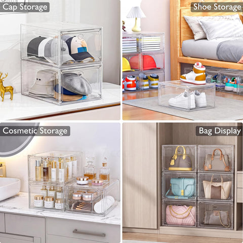 Sturdy Clear Shoe Organizer with Magnetic Door, Stackable Shoe Storage Box