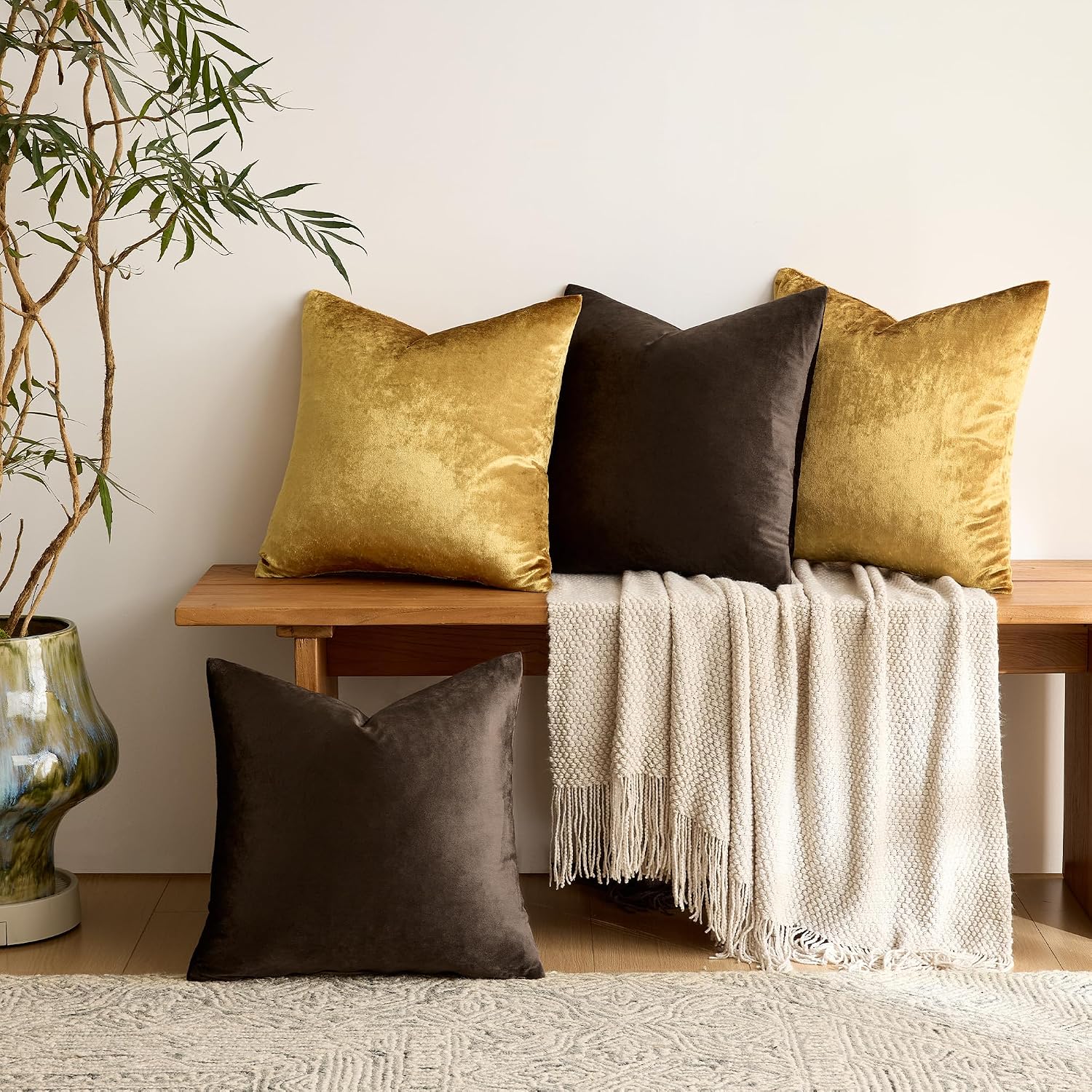 GIGIZAZA Pack of 4 Decorative Velvet Pillow Covers 18x18 Brown Gold