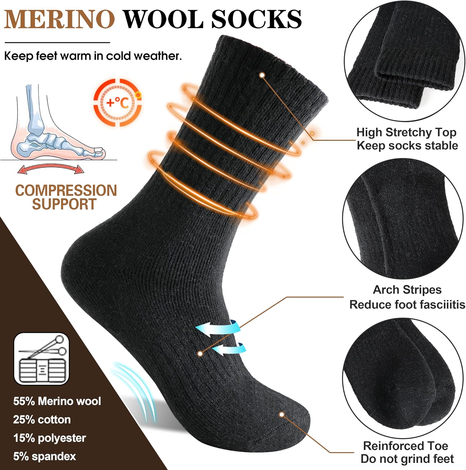 MOGGEI 5 Pairs Womens Merino Wool Socks Hiking Warm Winter Thick Thermal Crew Cozy Cabin Ladies Gift Comfy Boot Work Socks