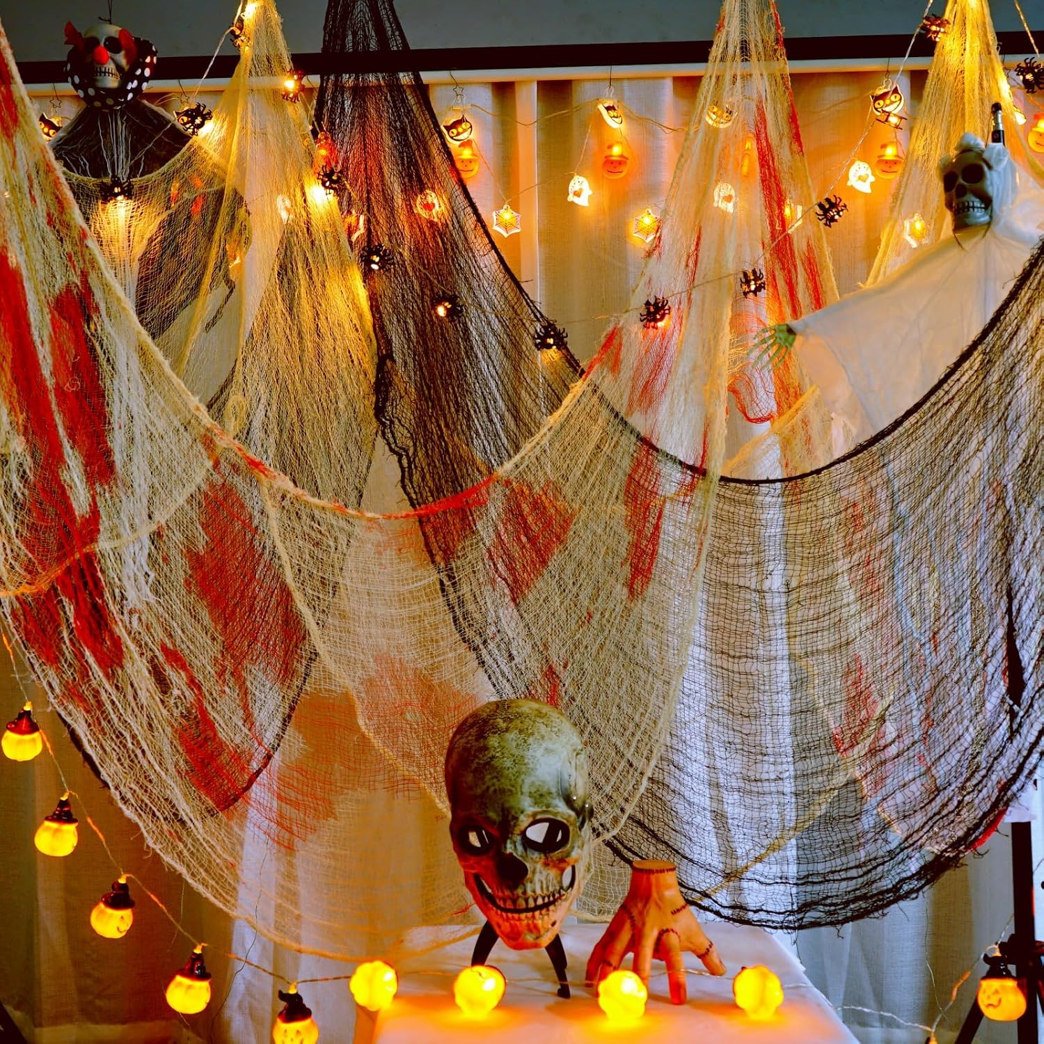 Sunlisky Halloween Creepy Cloth 8 Pack(3 Black, 3 White, 2 Red), 76x30in Cotton Gauze Fabric, Spider Web, Black Cheesecloth, Spooky Home Decor, Halloween Decorations Indoor Outdoor Party Haunted House