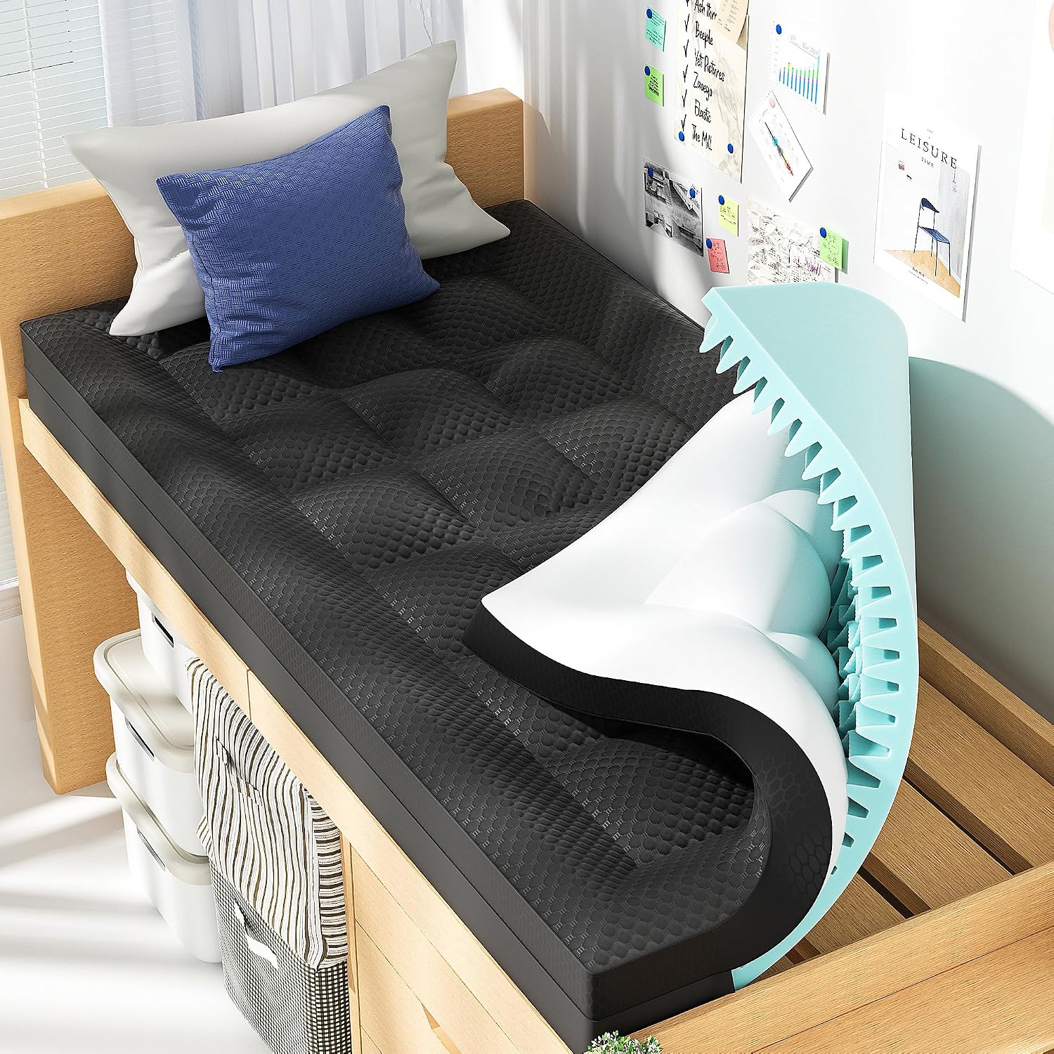 BEDELITE Twin XL Memory Foam Mattress Topper Dual Layer (Black)