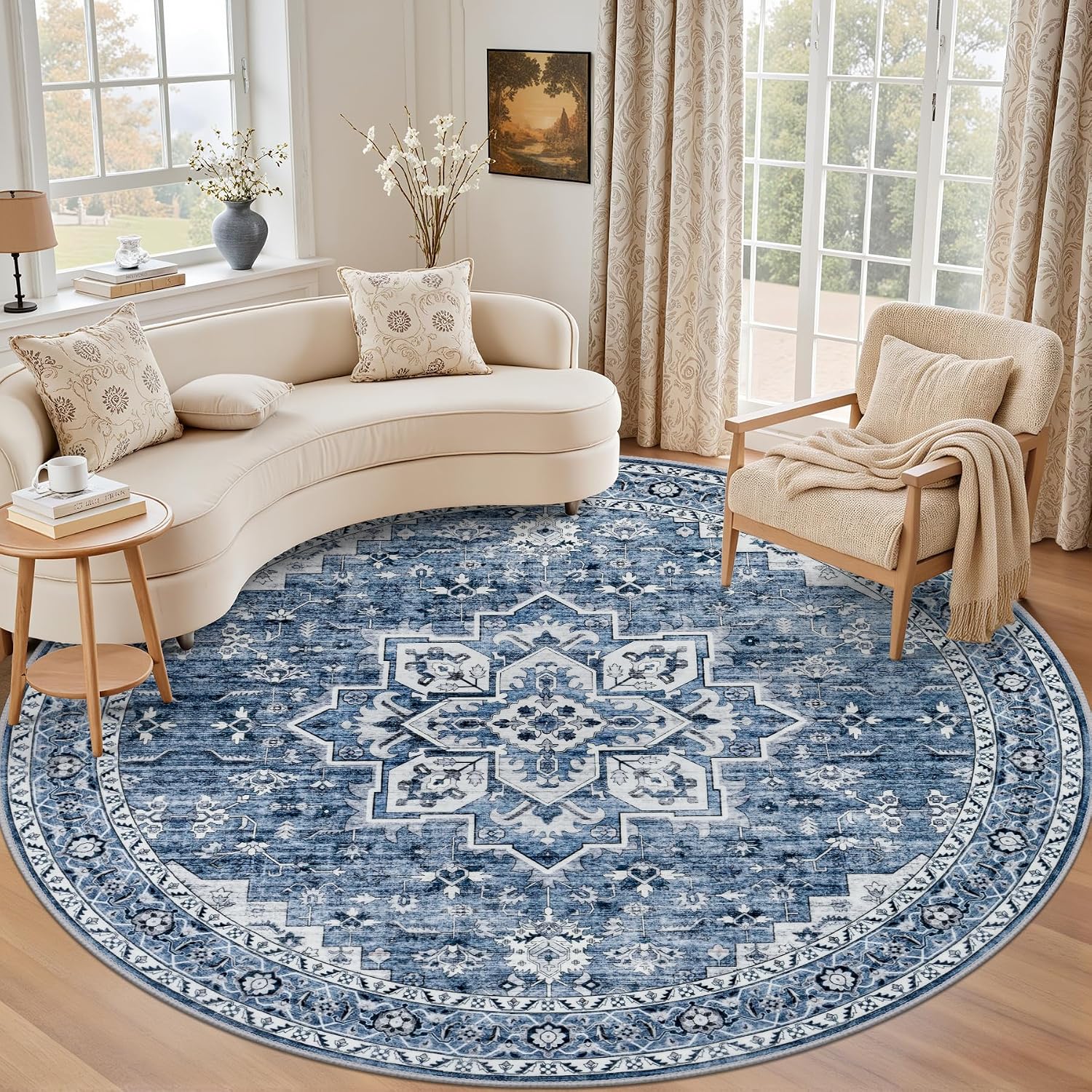 Round Area Rug for Living Room: 6ft Washable Rug for Bedroom Blue