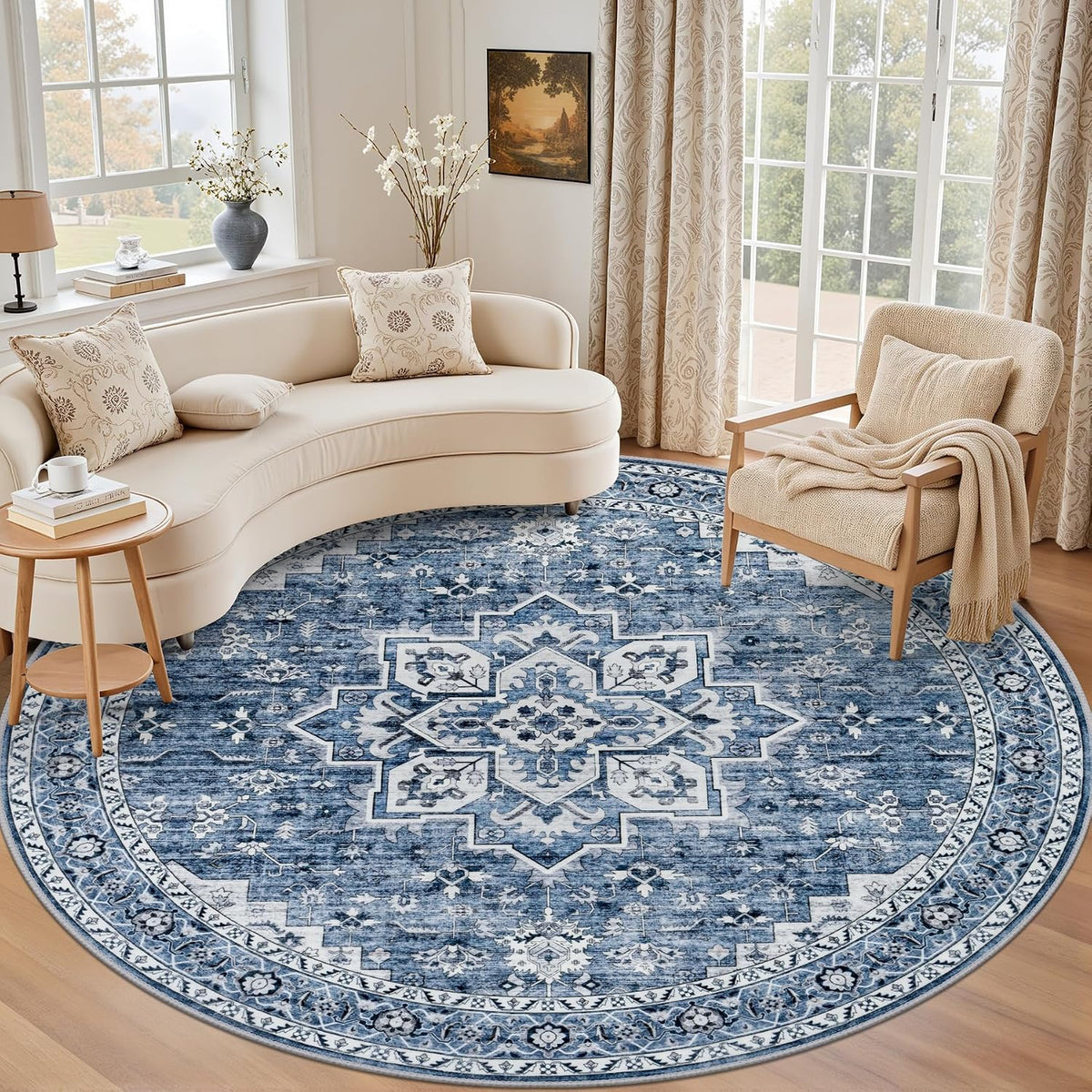 Round Area Rug for Living Room: 6ft Washable Rug for Bedroom Blue