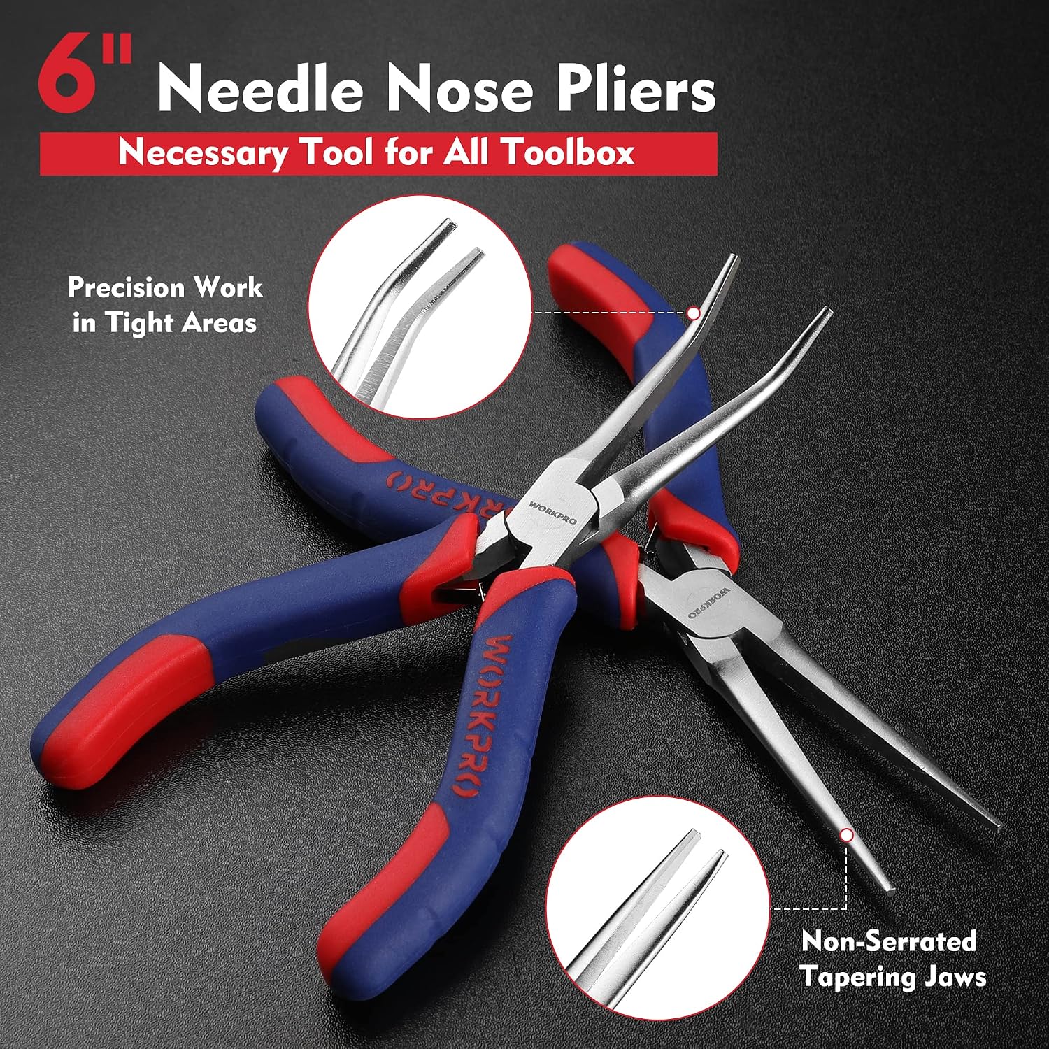 WORKPRO 2-Piece 6" Mini Needle Nose Pliers Set(Smooth Jaw), Long Nose Pliers, Bent Nose Pliers with Comfort Grip Handles, Jewelry Plier For Wire Wrapping, Handmade Craft, Jewelry Making, 6" 2PCS