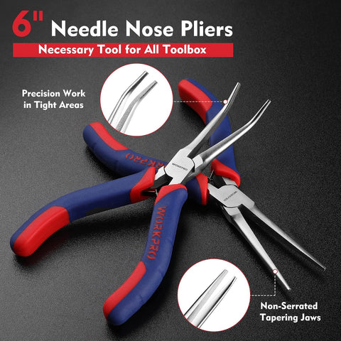 WORKPRO 2-Piece 6" Mini Needle Nose Pliers Set(Smooth Jaw), Long Nose Pliers, Bent Nose Pliers with Comfort Grip Handles, Jewelry Plier For Wire Wrapping, Handmade Craft, Jewelry Making, 6" 2PCS