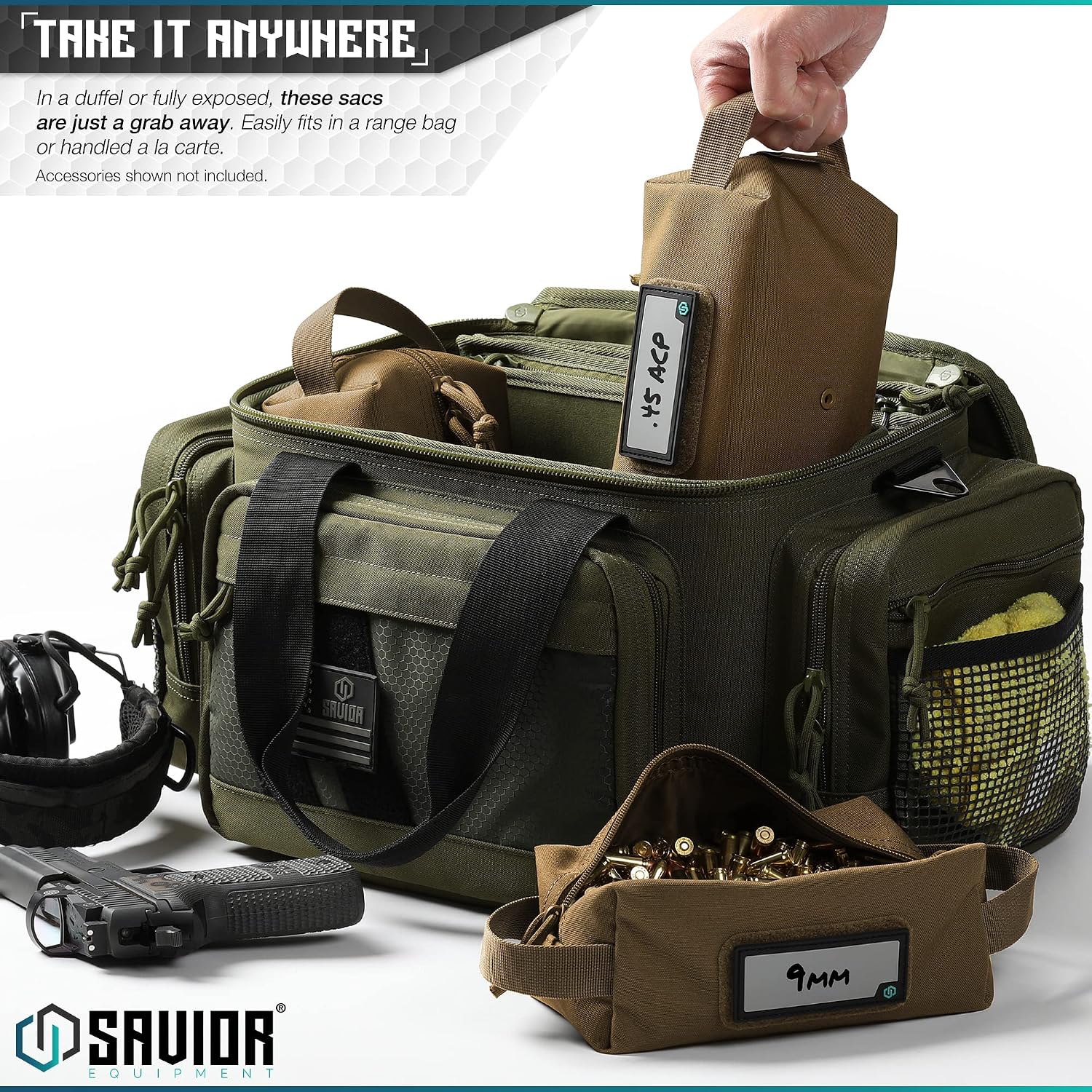 Savior Equipment Loose Sacs 4-Pack Tactical Ammo Pouch Firearm Ammunition Carrier Bag, ID Patches Included, Rifle Carbine Pistol Revolver Ammos Case Shooting Range Gear