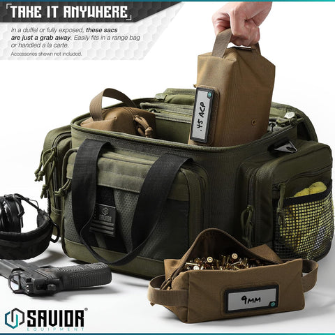Savior Equipment Loose Sacs 4-Pack Tactical Ammo Pouch Firearm Ammunition Carrier Bag, ID Patches Included, Rifle Carbine Pistol Revolver Ammos Case Shooting Range Gear