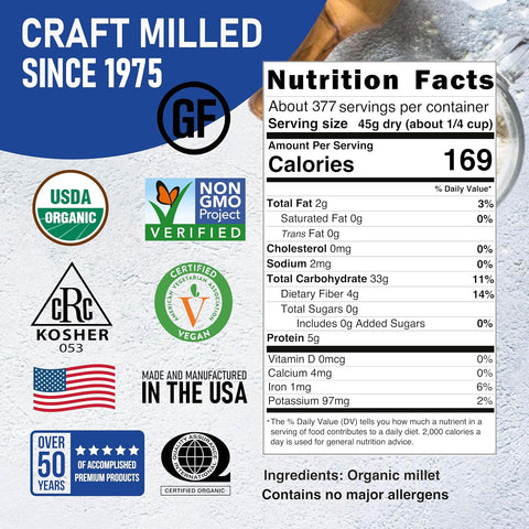 Great River Milling Organic Hulled Millet, Whole Grain, 25 lb