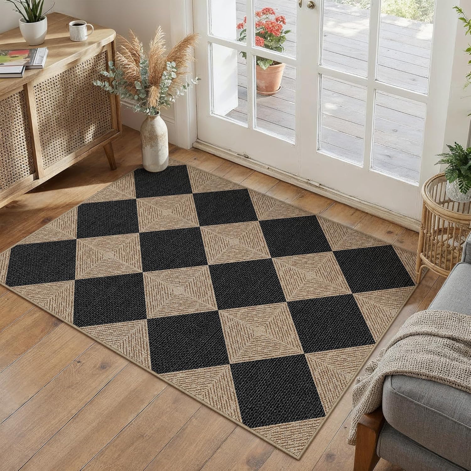 PureCozy 2x3 Black Checkered Washable Area Rug Non Slip