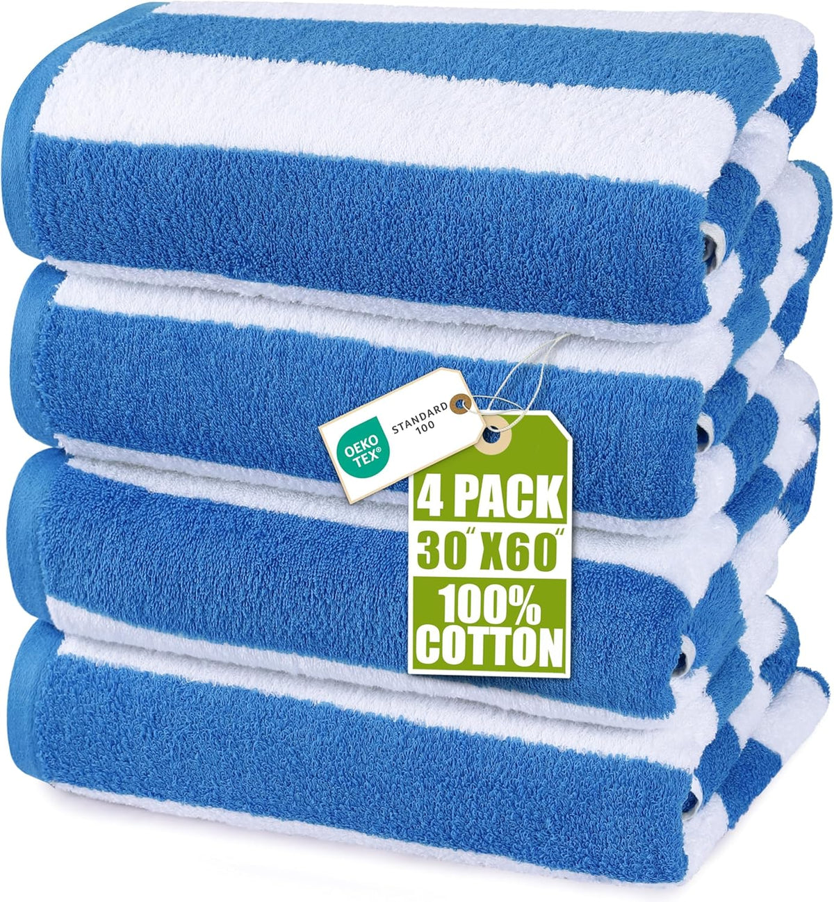 Utopia Towels Cabana Beach Towels, 4 Pack, 30x60 in, Cotton, Striped, Blue