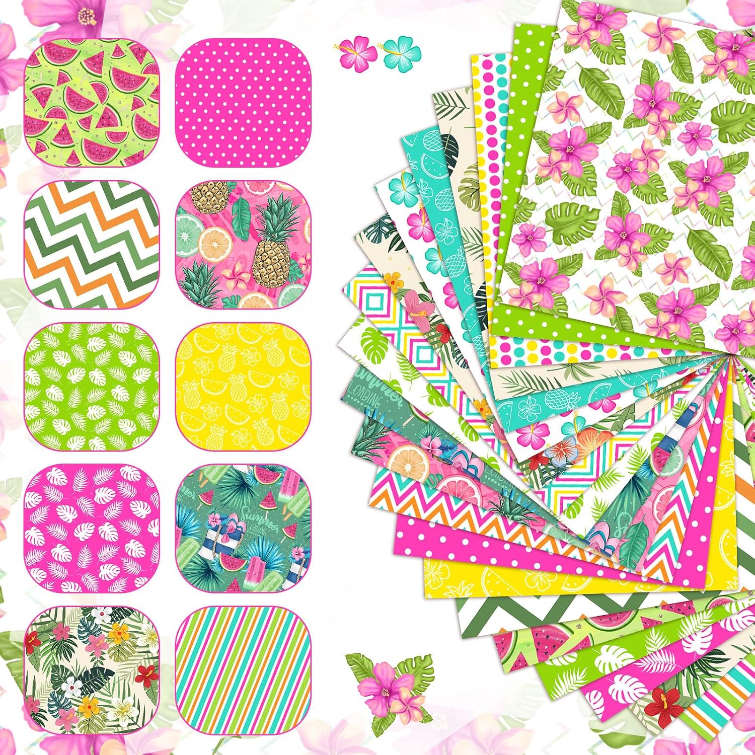 HunnmingRe 20 Pcs 10''x10'' Summer Tropical Quilting Fabric Square Pineapple Watermelon Precut Fabric Bundle Colorful Polka Dot Check Printed Patchwork for Holiday DIY Craft Sewing Material Supplies