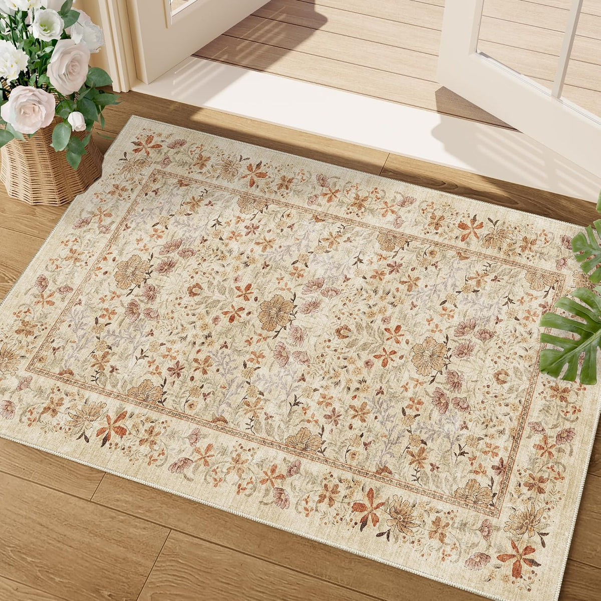 DUKINO 2x3 Entryway Rug, Washable Vintage Floral Area Rug, Beige