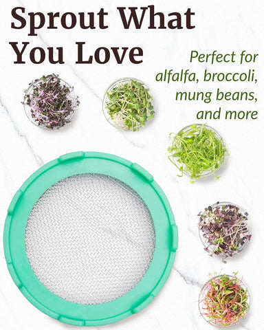 Elementi Sprouting Lids for Wide Mouth Mason Jars (Set of 4), Sprouting Jar Kit for Organic Sprouts, Alfalfa & Mung Bean Sprouts Grow Kit, 316 Stainless Steel Mesh Screen Strainer Lid (Mint Green)