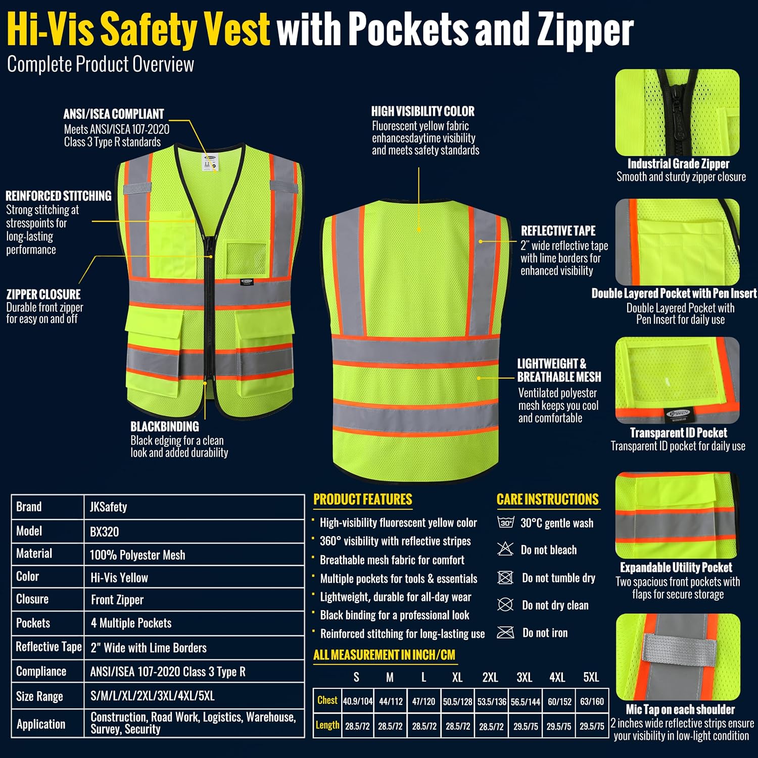 JKSafety Safety Vest for men women Hi Vis Vest with Pockets and Zipper High Visibility Reflective Vests BX320