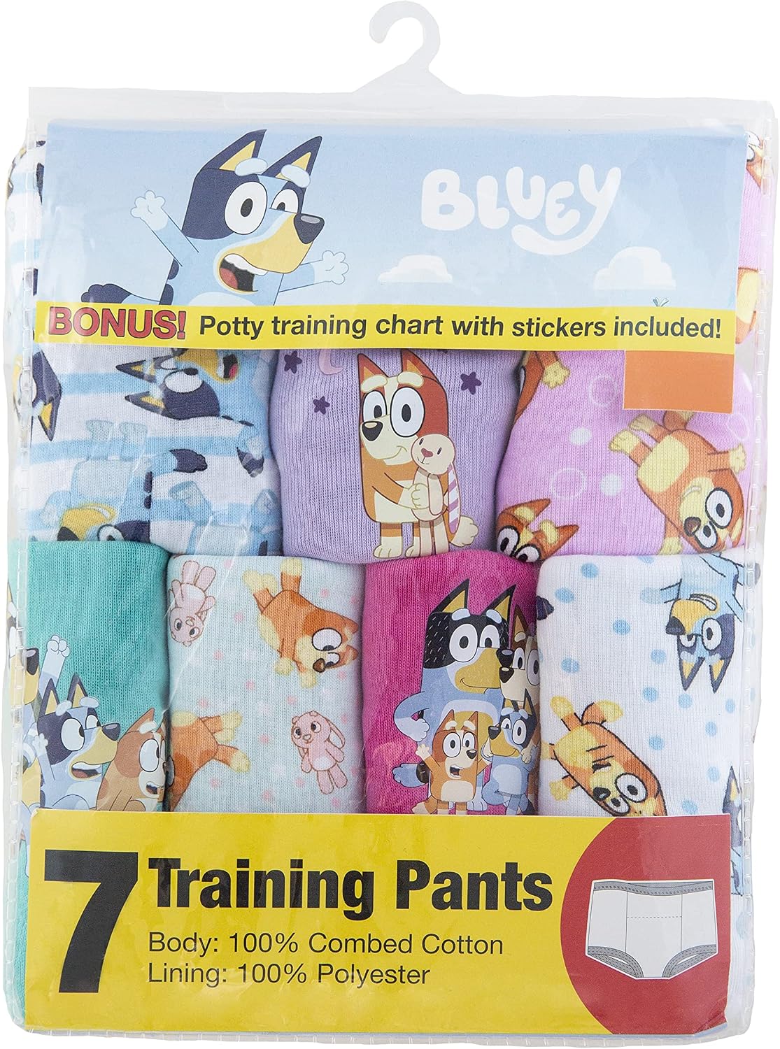 Bluey Amazon Exclusive 7-Pack Potty Training Pants with Stickers and Success Chart, Sizes 18 M, 2T, 3T & 4T