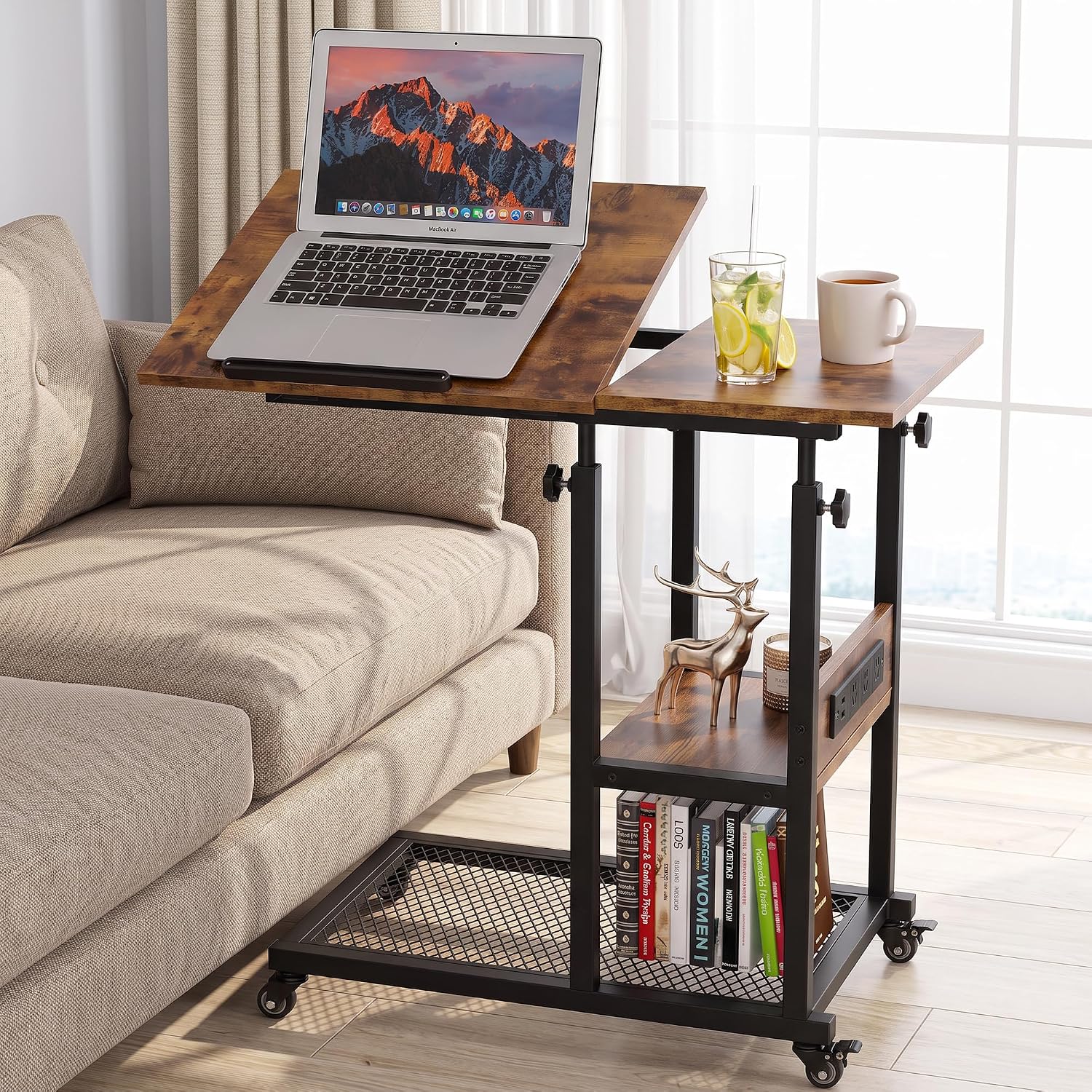 Hadulcet Adjustable C Table with Charging Station, Tiltable Desk C Shaped End Table for Couch, Over Bed Table with Wheels Adjustable Height, Hospital Table Laptop Stand Drawing Desk, Rustic Brown