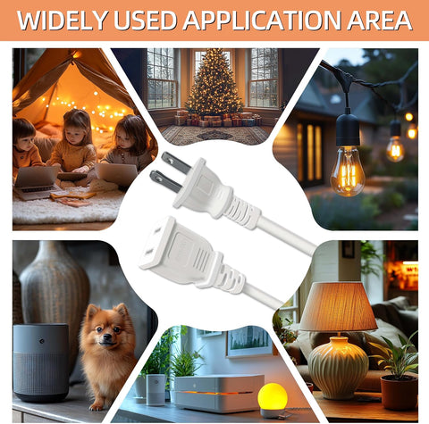 10 Foot Flat Extension Cord, White, 2 Prong 5A 625W (2 Pack)