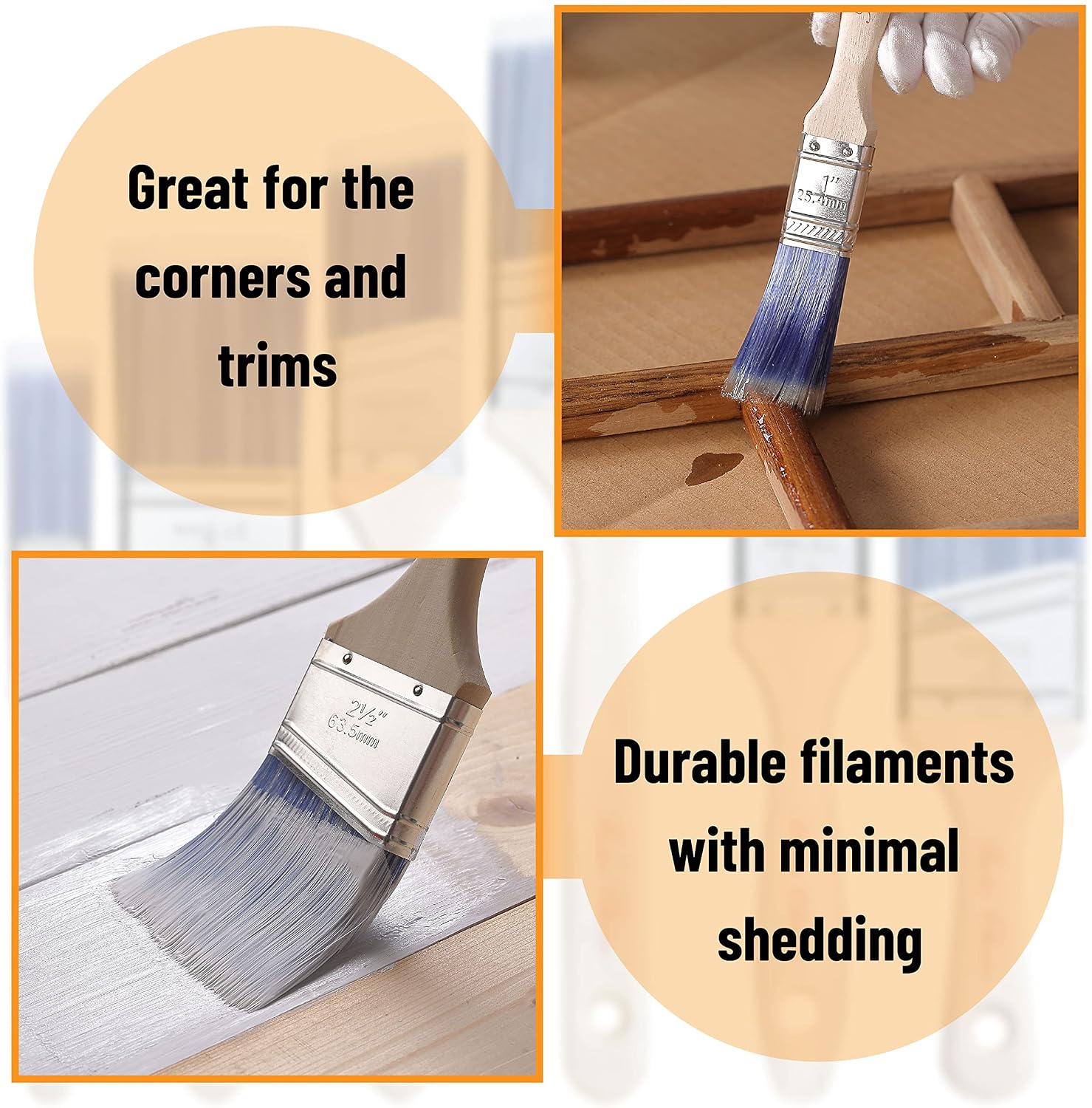 Bates- Paint Brushes, 6 Pack, Treated Wood Handle Brushes for Walls