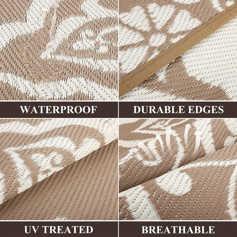Pauwer Outdoor Rug 6x9, Waterproof Plastic Straw Camping Rug, Boho Brown