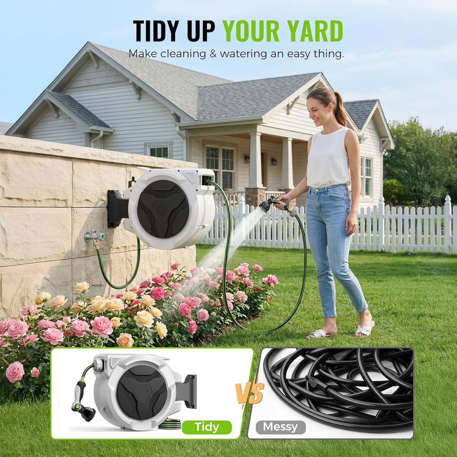 100ft Retractable Garden Hose Reel 1/2" with 10-Function Nozzle