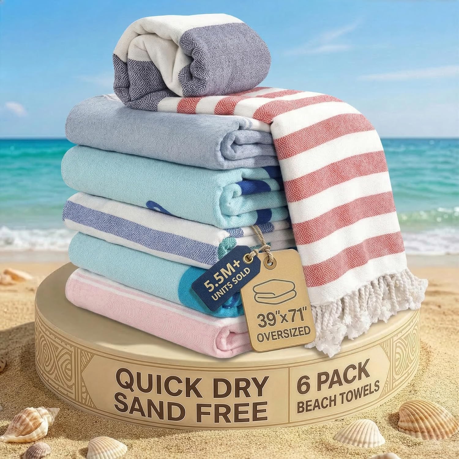 LANE LINEN Turkish Beach Towels 6 Pcs, Pre-Washed, Durable - Coastal Bliss