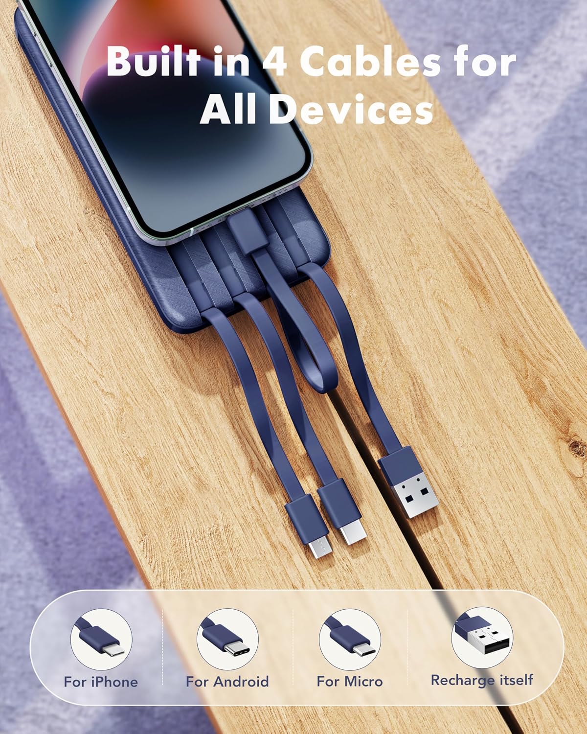 charmast Portable Charger Power Bank with Reinforced Built-in 4 Cables