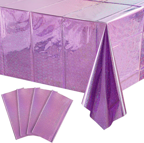 4 Pack Iridescent Light Purple Plastic Tablecloths Shiny Disposable Laser Rectangle Table Covers Holographic Foil Tablecloth Iridescent Kpop Birthday Bridal Wedding Party Decoration, 54 x 108 Inch