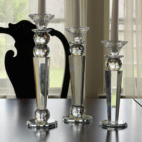 Allgala Set of 3 Crystal Glass Made Reverse Tapered Pillar and Hand Crafted Ball Candlesticks - 8.5,10,11 Inches -HD89154
