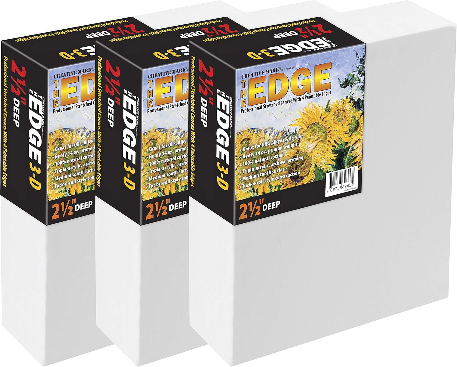 Creative Mark The Edge Deluxe Cotton 1-1/2" Deep Stretched Canvas for Painting, 12x12 Pack of 3, 14oz. Primed Weight, Universal Archival Priming, Medium Tooth, Hand-Stretched Canvas for Painters