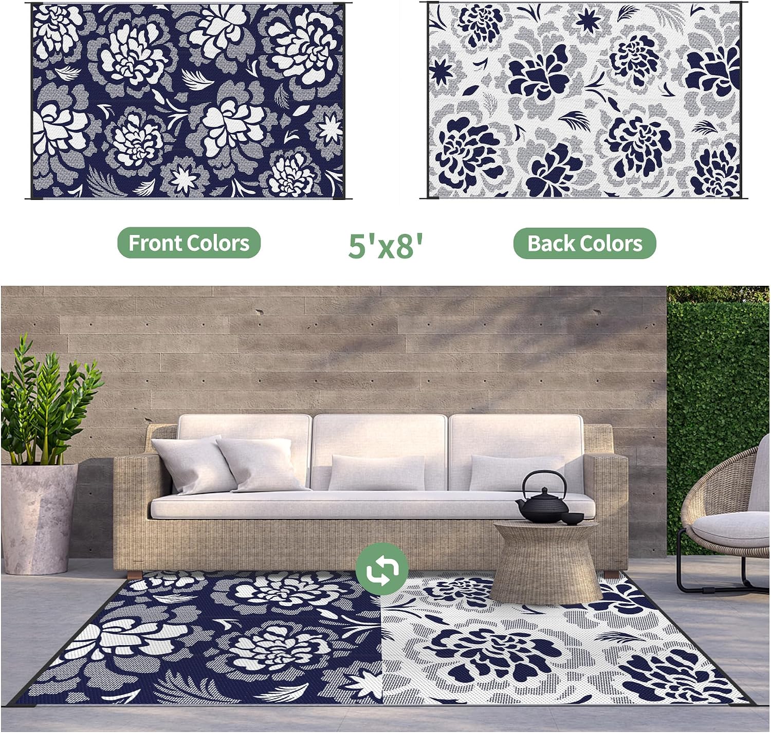 GENIMO Outdoor Rug 5' x 8' Waterproof for Patios Clearance, Reversible Outdoor Plastic Straw Camping Rug Carpet, Large Area Rugs Mats for RV, Camper, Deck, Balcony, Porch, Beach, Navy Blue&White