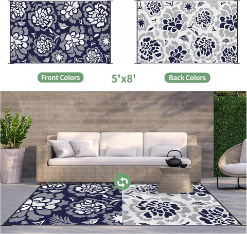 GENIMO Outdoor Rug 5' x 8' Waterproof for Patios Clearance, Reversible Outdoor Plastic Straw Camping Rug Carpet, Large Area Rugs Mats for RV, Camper, Deck, Balcony, Porch, Beach, Navy Blue&White