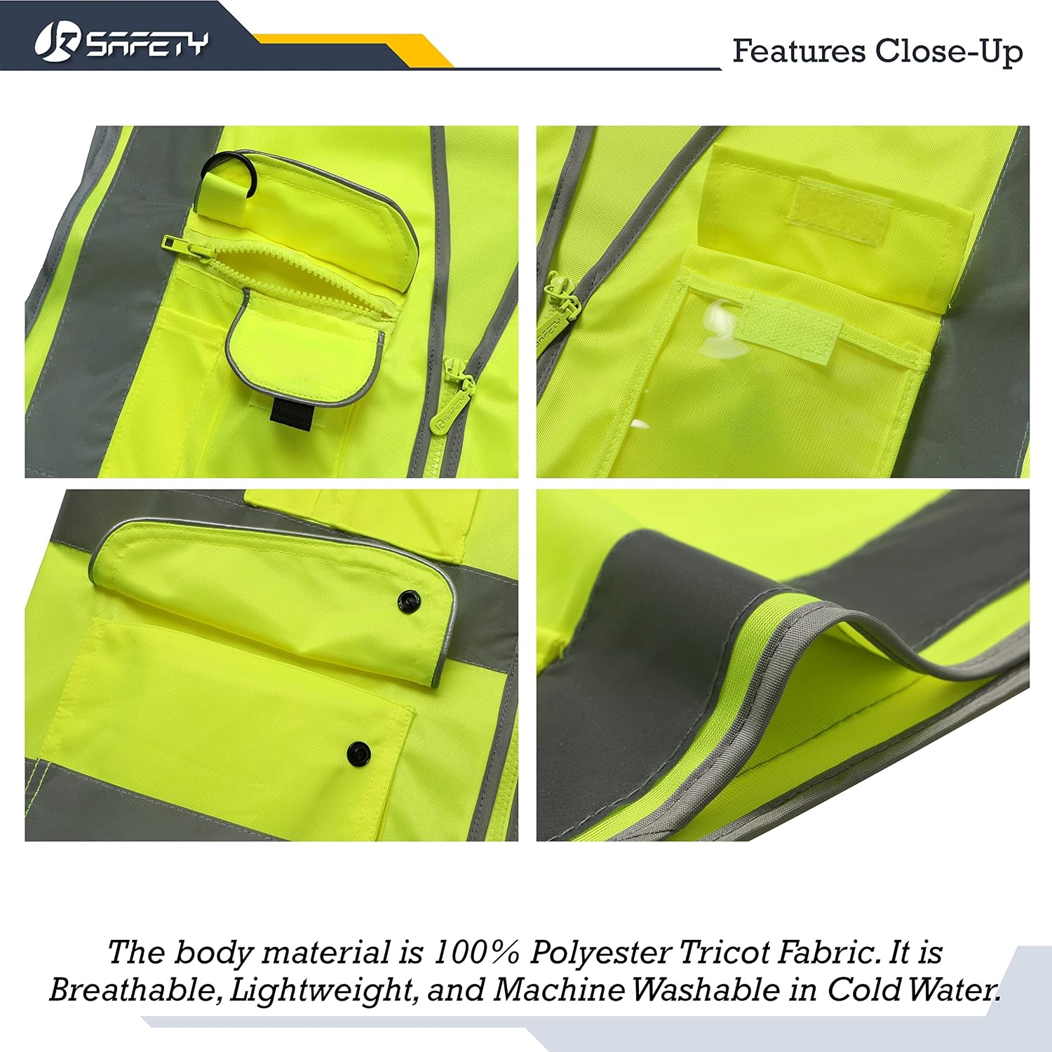 JKSafety 9 Pockets Class 2 High Visibility Zipper Front 6 Pack Safety Vest With Reflective Strips,Meets ANSI/ISEA Standard （155 Yellow M