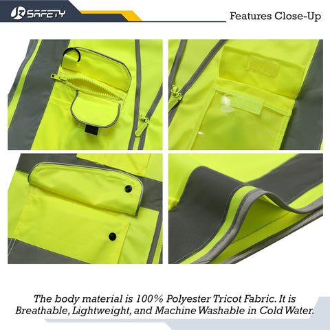 JKSafety 9 Pockets Class 2 High Visibility Zipper Front 6 Pack Safety Vest With Reflective Strips,Meets ANSI/ISEA Standard （155 Yellow M