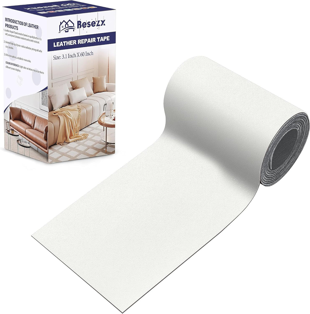 Besezx Leather Repair Patch Tape Kit, Self Adhesive Leather Repair for Furniture, Couch, Sofa, Car Seats,Office Chair,Vinyl Repair Kit.3.1inx60in