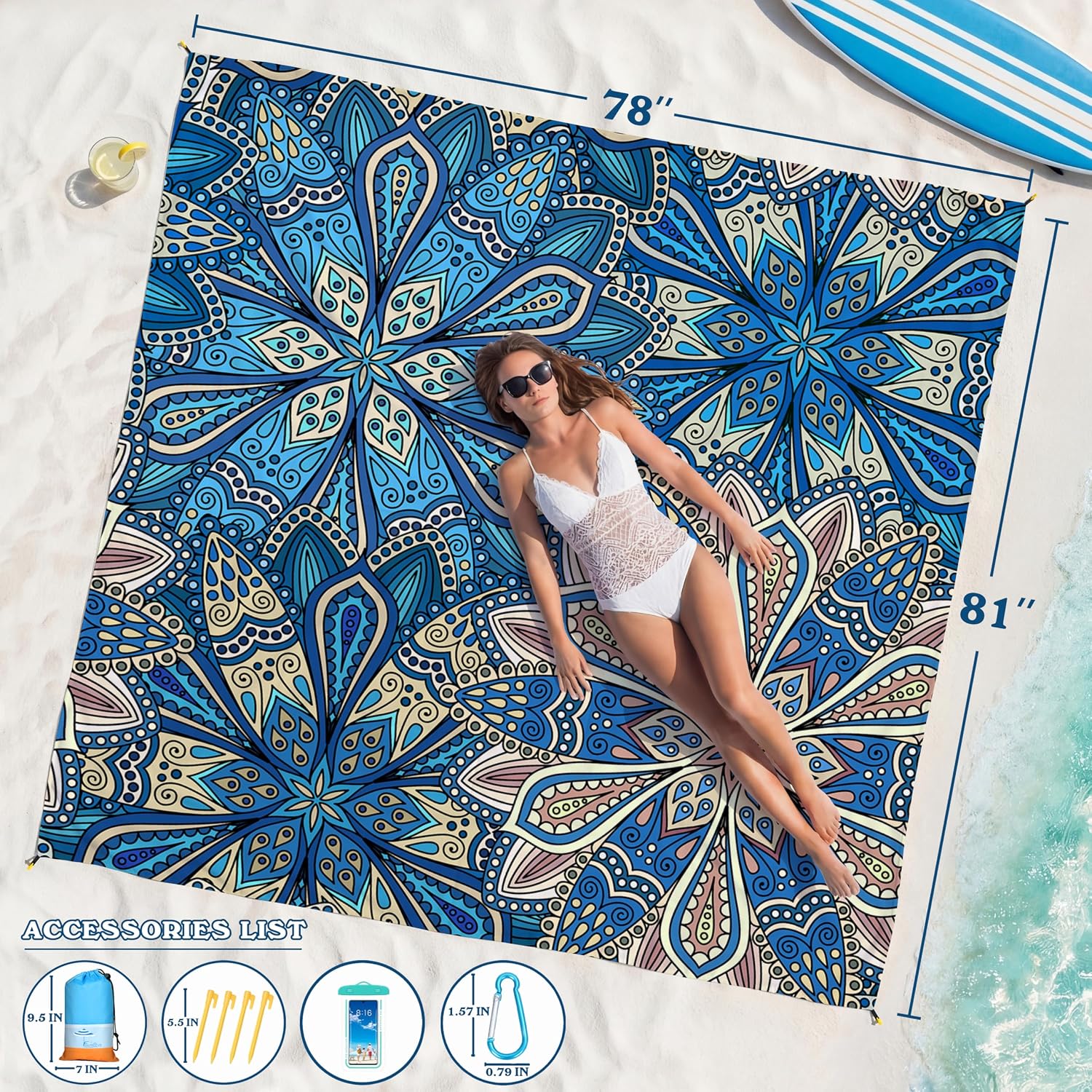Beach Blanket Waterproof Sandproof 78''X81''/10'X9' Oversized Big Blanket