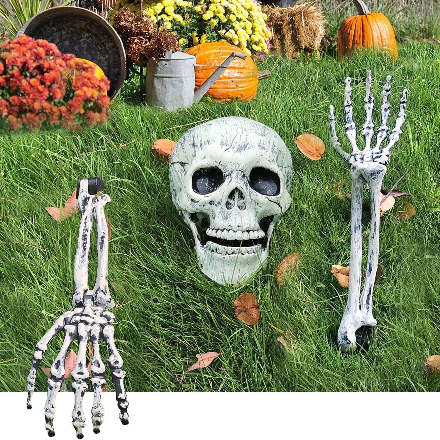 Halloween Skeleton Stakes Decorations, Realistic Skeleton Halloween Decor, Halloween Skeleton Head and Arms with a Stake for Halloween Yard Scary Skeleton Decor (Skeleton Stake 3pcs)