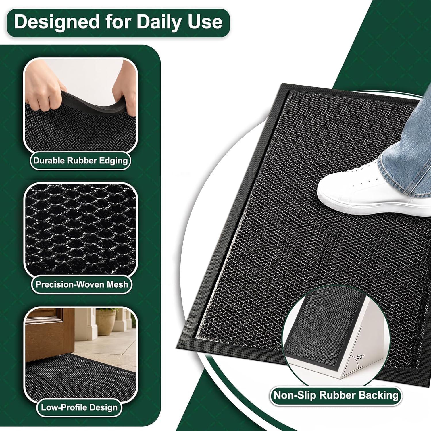 Mibao Meshy Mat Door Mat Heavy-Duty Quick-Dry Floor Mat, Sand & Dirt Trapper for Indoor & Outdoor, Ideal for Entrance, Mudrooms,Patios & Garages, Outside Doormat with Anti-Slip Backing, Grey，17"x36"