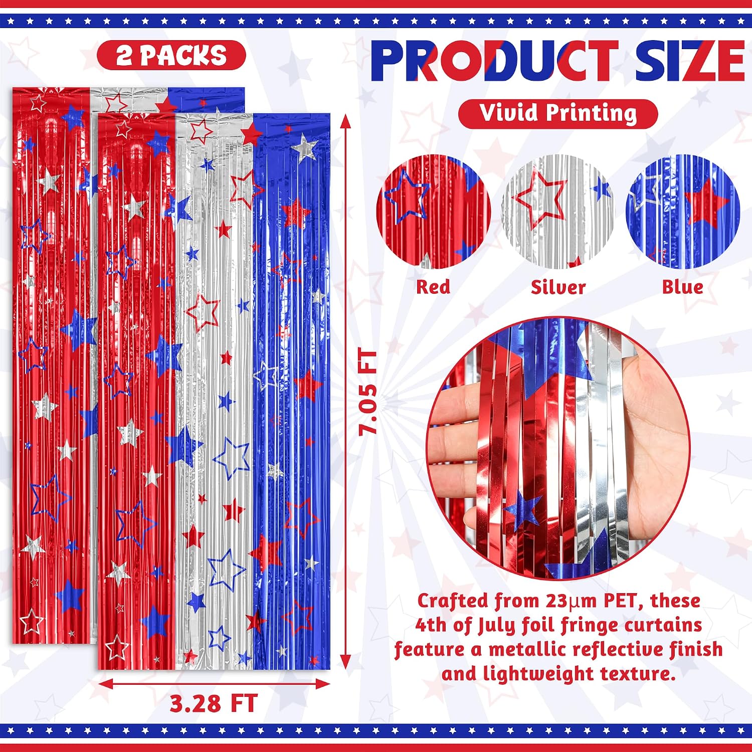ZATAYE 2 Pack Red Silver Blue Foil Curtain Streamer Decorations