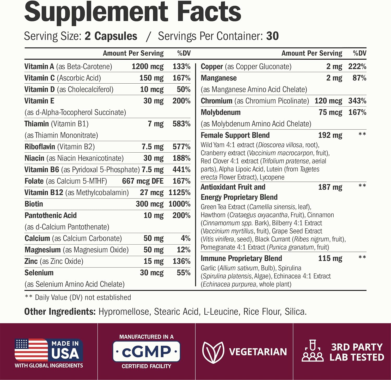 Vimerson Health Multivitamin for Women: Methylated B Vitamins, Chelated Minerals and Bioavailable D3 for Focus and Energy Support – Daily Womens Multivitamins and Multiminerals – 60 Capsules