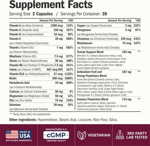Vimerson Health Multivitamin for Women: Methylated B Vitamins, Chelated Minerals and Bioavailable D3 for Focus and Energy Support – Daily Womens Multivitamins and Multiminerals – 60 Capsules