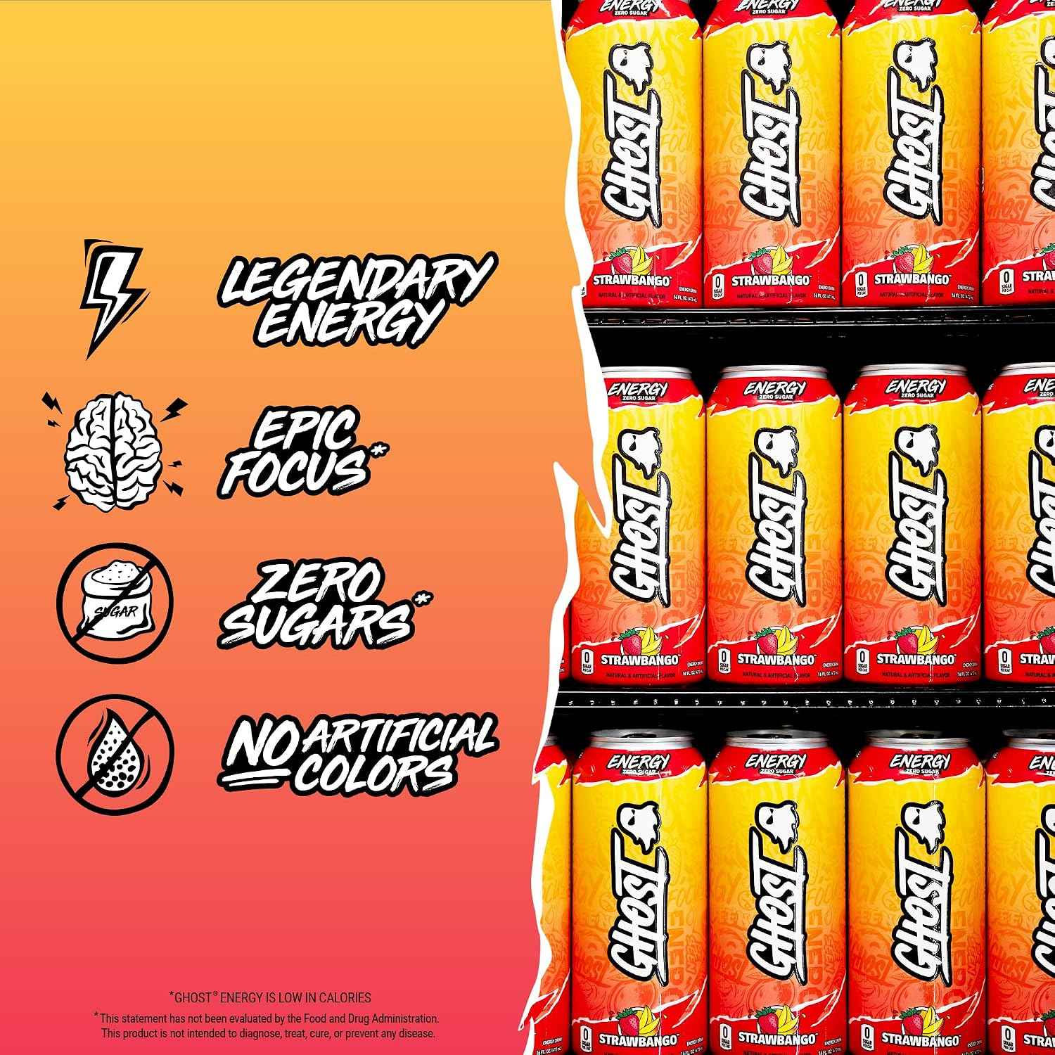 GHOST Energy Drink, Zero Sugars, 12-Pack, Strawbango - 200MG Caffeine, 16oz